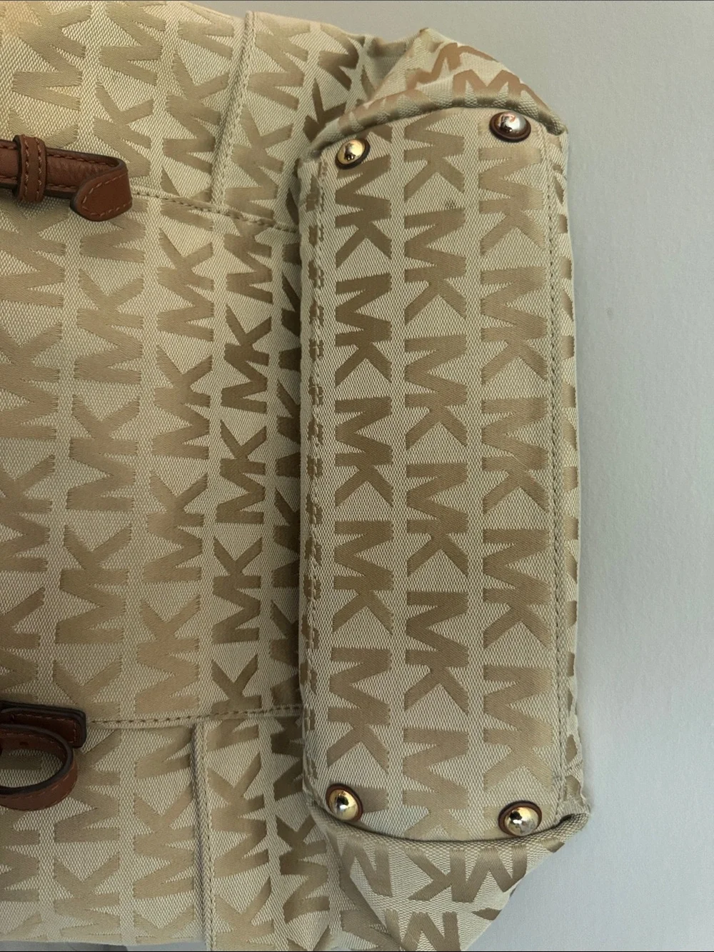 Michael Kors Beige MK Logo Tote with Brown Leather Straps